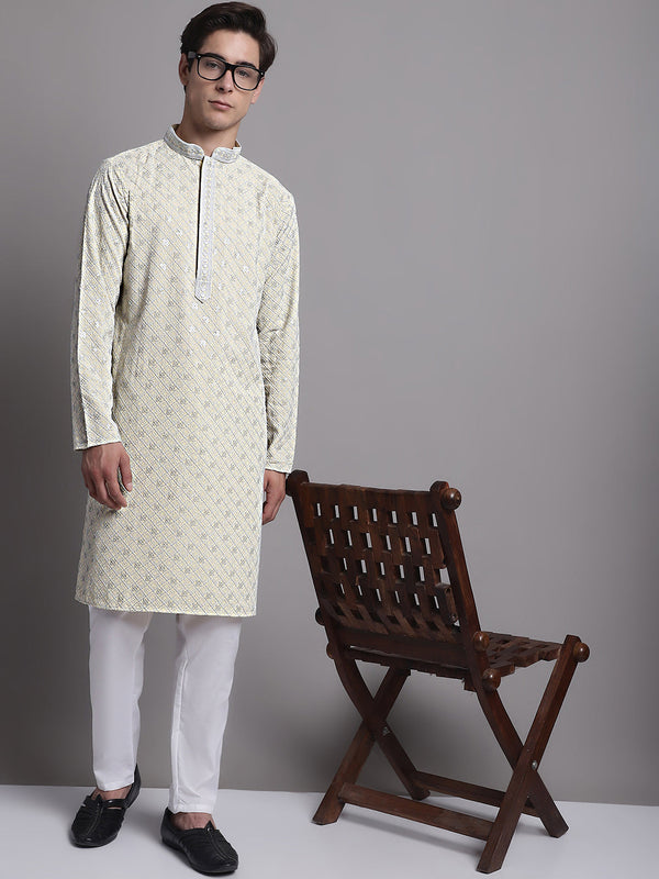 Men's Yellow Chikankari Embroidered and Sequence Kurta with Pyjama. | WomensFashionFun.com