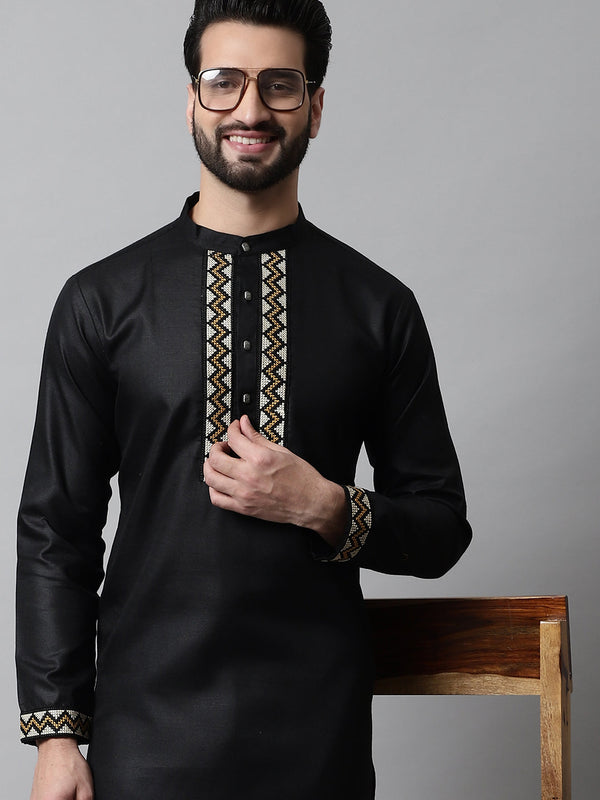 Men Black Embroidered Kurta with Churidar | WomensFashionFun.com