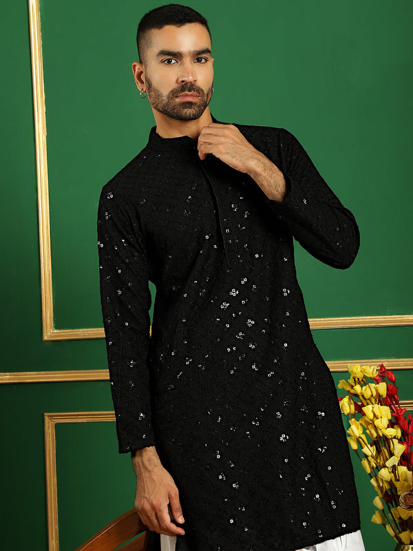 Men Black Embroidered and Sequence Kurta with Salwar | WomensFashionFun