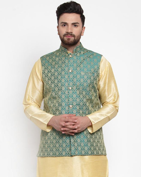 Men Green-Coloured & Golden Woven Design Nehru Jacket | WomensFashionFun.com