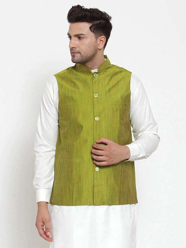 Men's Green Woven Design Nehru Jacket | WomensFashionFun.com