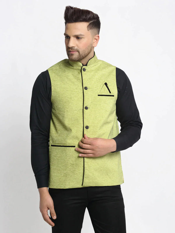 Men's Green Solid Nehru Jacket with Square Pocket | WomensFashionFun.com