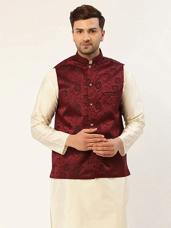 Men's Maroon & Black embossed Nehru Jacket | WomensFashionFun.com