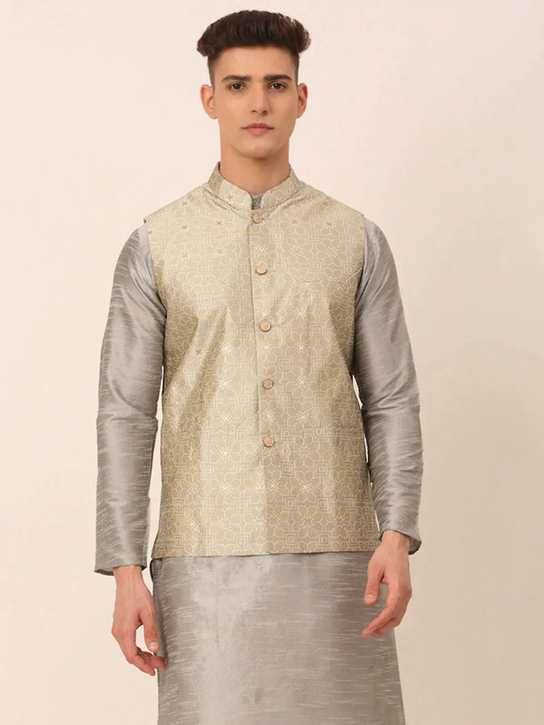 Men Beige & Golden Woven Design Nehru Jackets-JOWC_4045Beige | WomensFashionFun.com