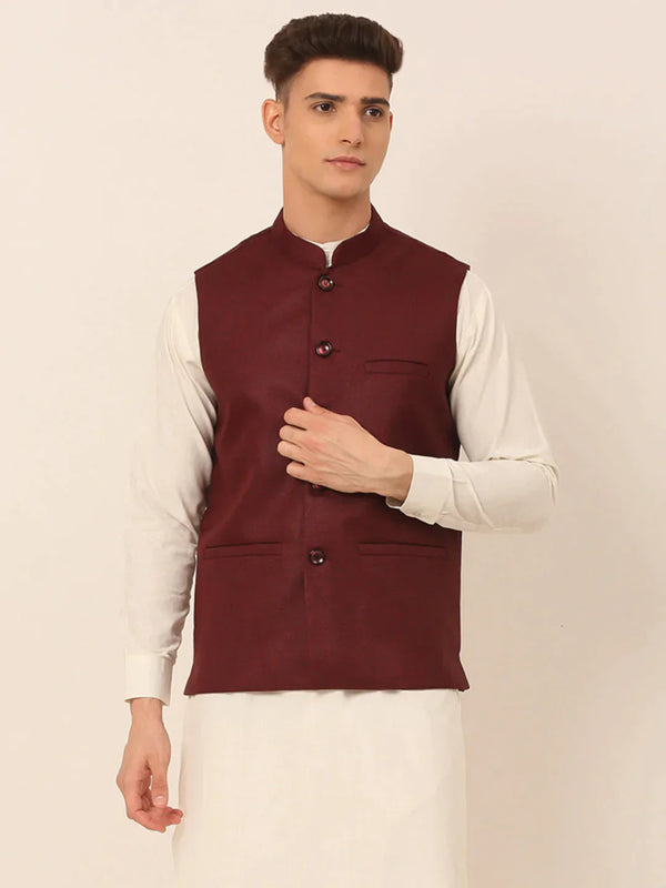 Men Maroon Solid Woven Sleeveless Nehru Jackets | WomensFashionFun.com