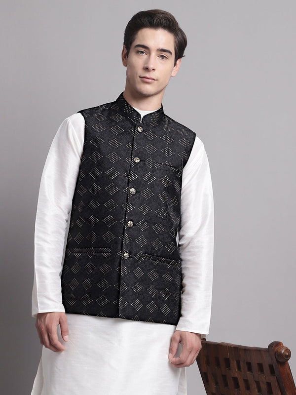 Men's Black Woven Design Nehru Jacket | WomensFashionFun.com