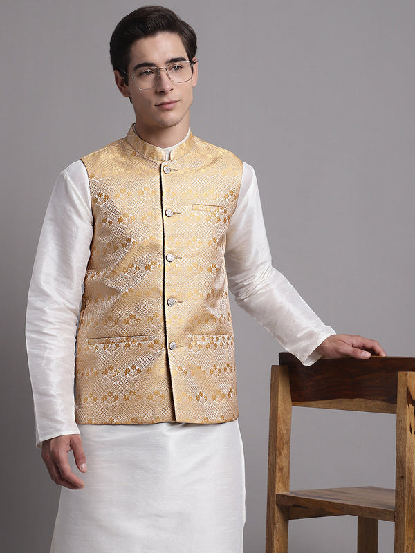 Men's Golden Woven Design Nehru Jacket | WomensFashionFun.com