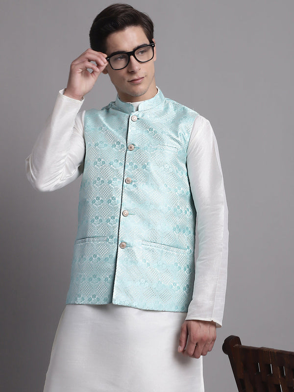 Men's Turquoise Blue Woven Design Nehru Jacket | WomensFashionFun.com