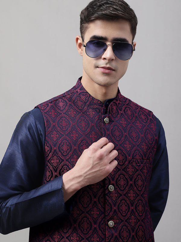 Men Navy Blue and Maroon Woven Design Waistcoats | WomensFashionFun.com