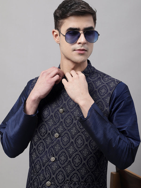 Men Navy Blue and Silver Woven Design Waistcoats | WomensFashionFun.com