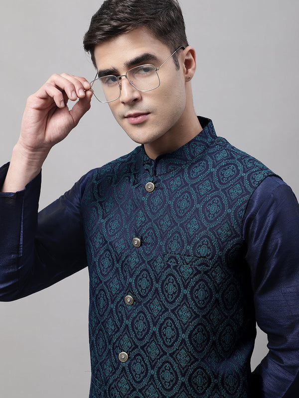 Men Navy Blue and Green Woven Design Waistcoats | WomensFashionFun.com