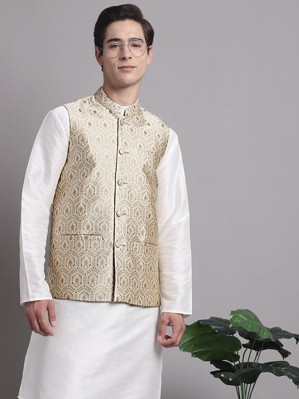 Men's Cream Woven Design Nehru Jacket | WomensFashionFun.com