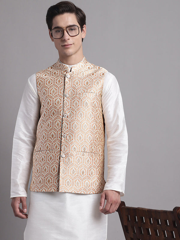 Men's Peach and Golden Woven Design Nehru Jacket | WomensFashionFun.com