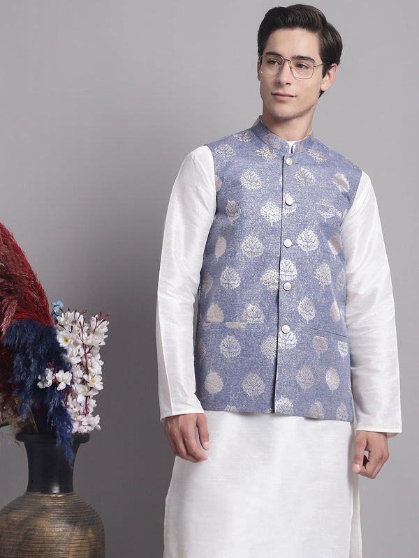 Men's Blue and Golden Printed Nehru Jacket | WomensFashionFun.com