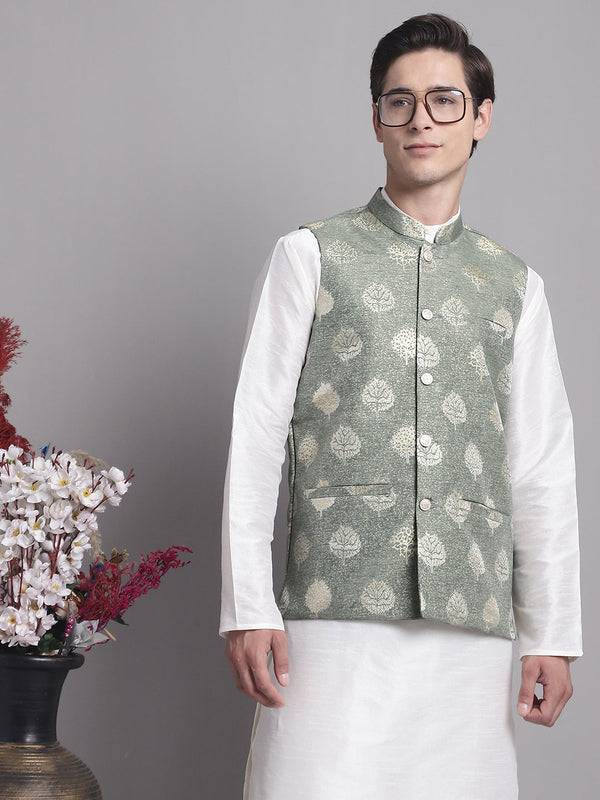 Men's Green and Golden Printed Nehru Jacket | WomensFashionFun.com