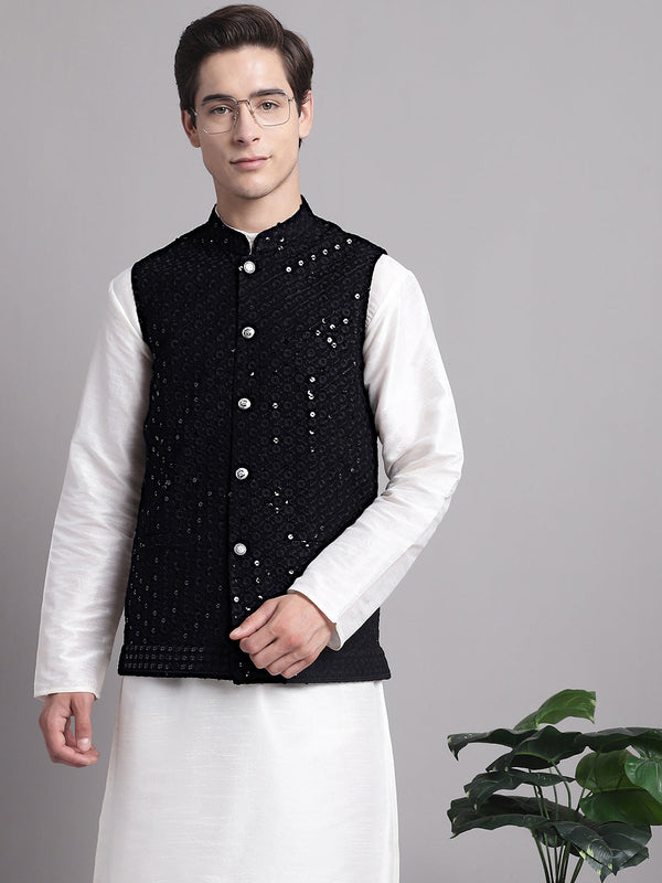 Men's Black Sequins and Embroidered Nehru Jacket | WomensFashionFun.com