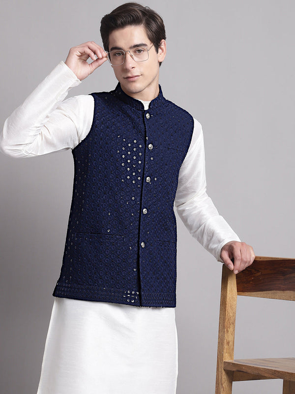 Men's Navy Blue Sequins and Embroidered Nehru Jacket | WomensFashionFun.com