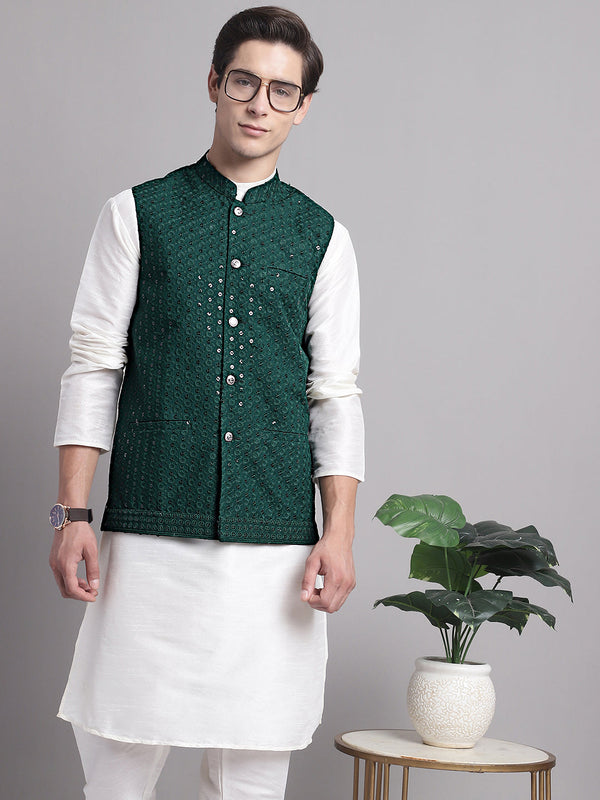 Men's Olive Green Sequins and Embroidered Nehru Jacket | WomensFashionFun.com