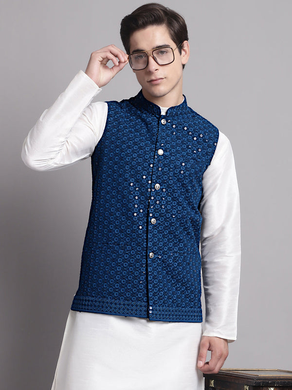 Men's Peacock Blue Sequins and Embroidered Nehru Jacket | WomensFashionFun.com