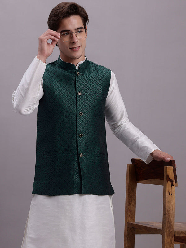 Men's Olive Green Woven Design Nehru Jacket With Solid Kurta Pyjama. | WomensFashionFun.com