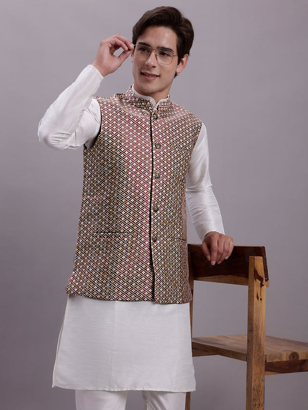 Men's Peach Woven Design Nehru Jacket With Solid Kurta Pyjama. | WomensFashionFun.com