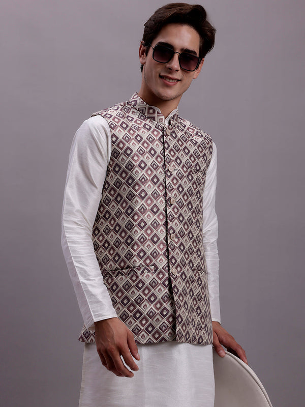 Men's Purple Woven Design Nehru Jacket With Solid Kurta Pyjama. | WomensFashionFun.com