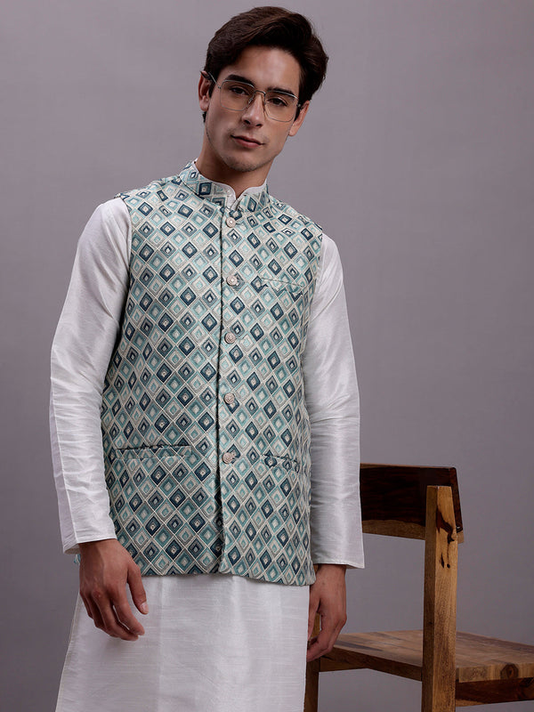 Men's Turquoise Blue Woven Design Nehru Jacket With Solid Kurta Pyjama. | WomensFashionFun.com