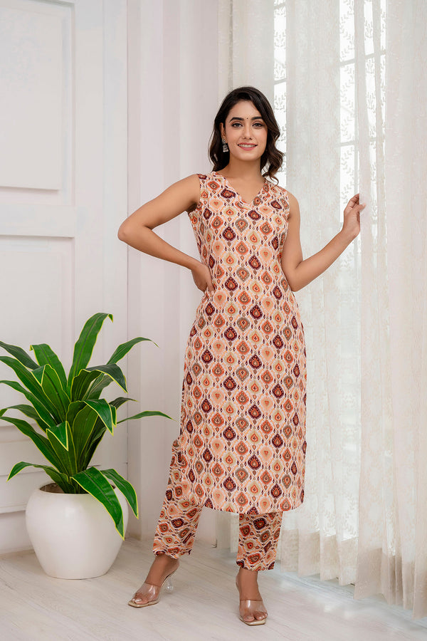 Fab Multi Printed Straight Sleeveless Kurta Pant Set | WomensFashionFun