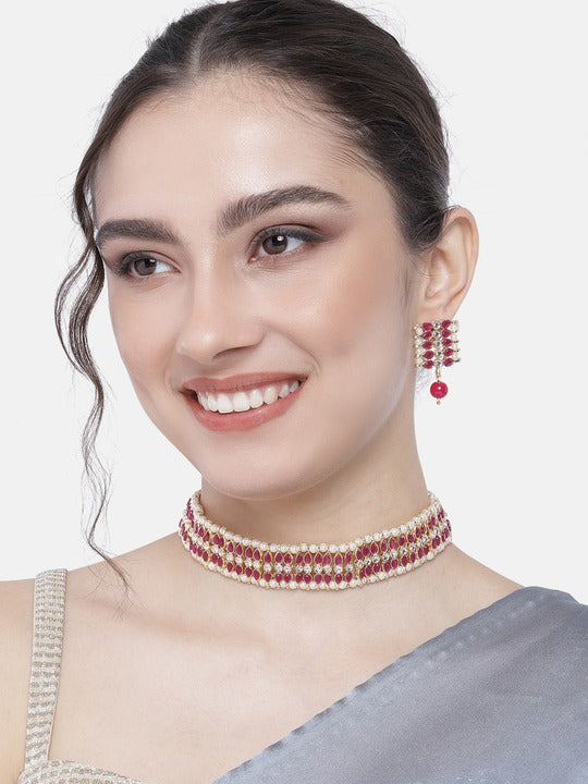 Gold Plated Traditional Kundan Pearl Choker Necklace Jewellery Set For Women And Girls (K7209) (Rani Pink) | Womensfashionfun