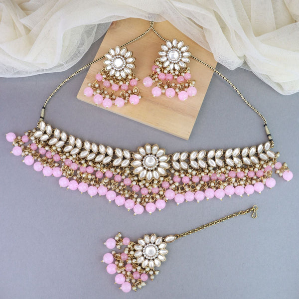 18K Gold Plated Traditional Kundan Studded Pink Pearl Hanging Choker Necklace Jewellery Set With Earrings & Maang Tikka For Women & Girls (K7232Pi) | Womensfashionfun