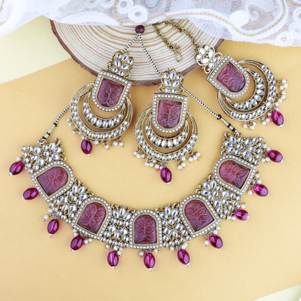 Gold Plated Traditional Kundan Pearl Choker Necklace Jewellery Set For Women/Girls (K7234) (Purple) | Womensfashionfun