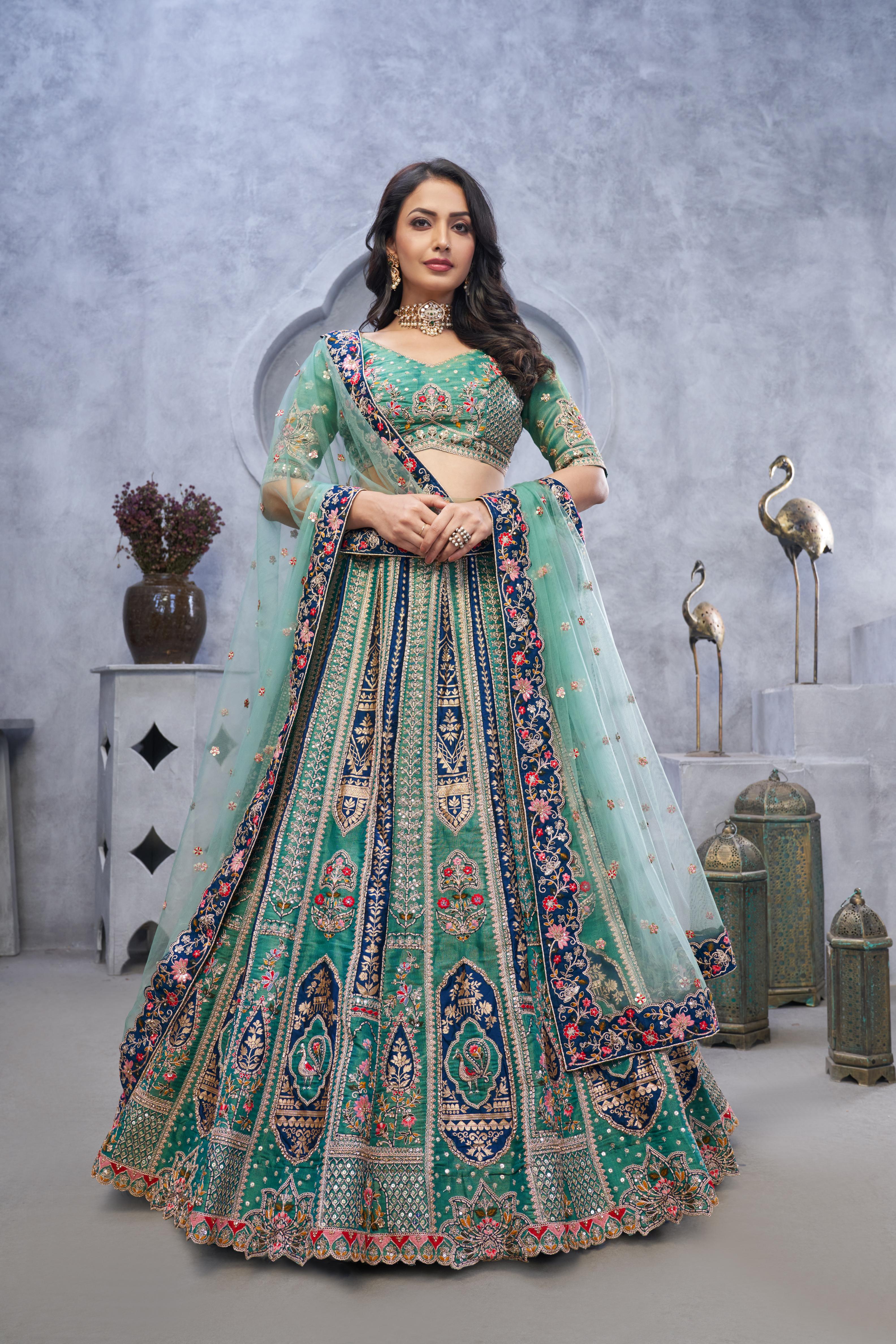 Women Organza Silk Intricate Paisley Motifs Traditional Embroidered Wedding Lehenga Choli With Soft Net Dupatta WomensFashionFun