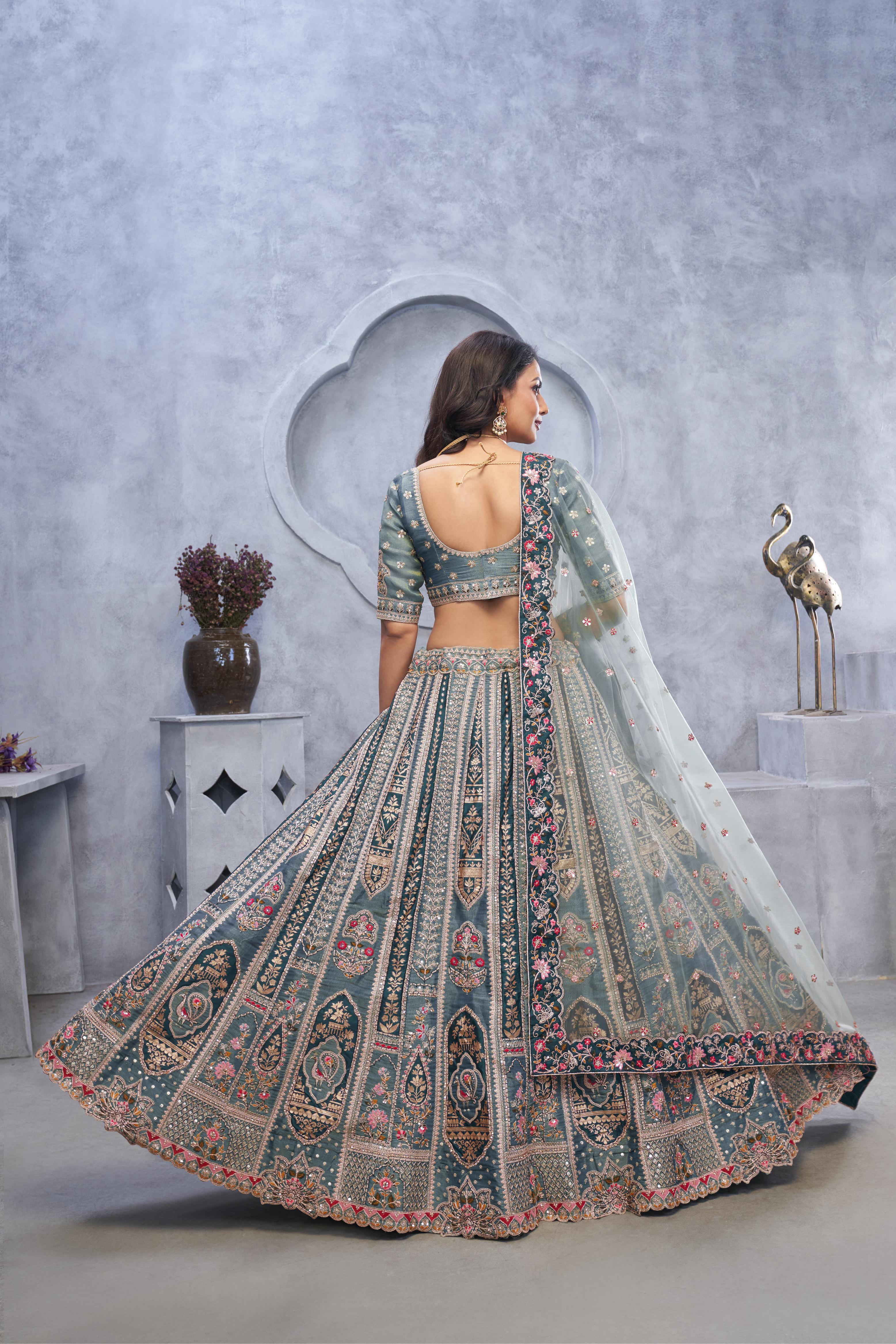 Women Organza Silk Intricate Paisley Motifs Traditional Embroidered Wedding Lehenga Choli With Soft Net Dupatta WomensFashionFun