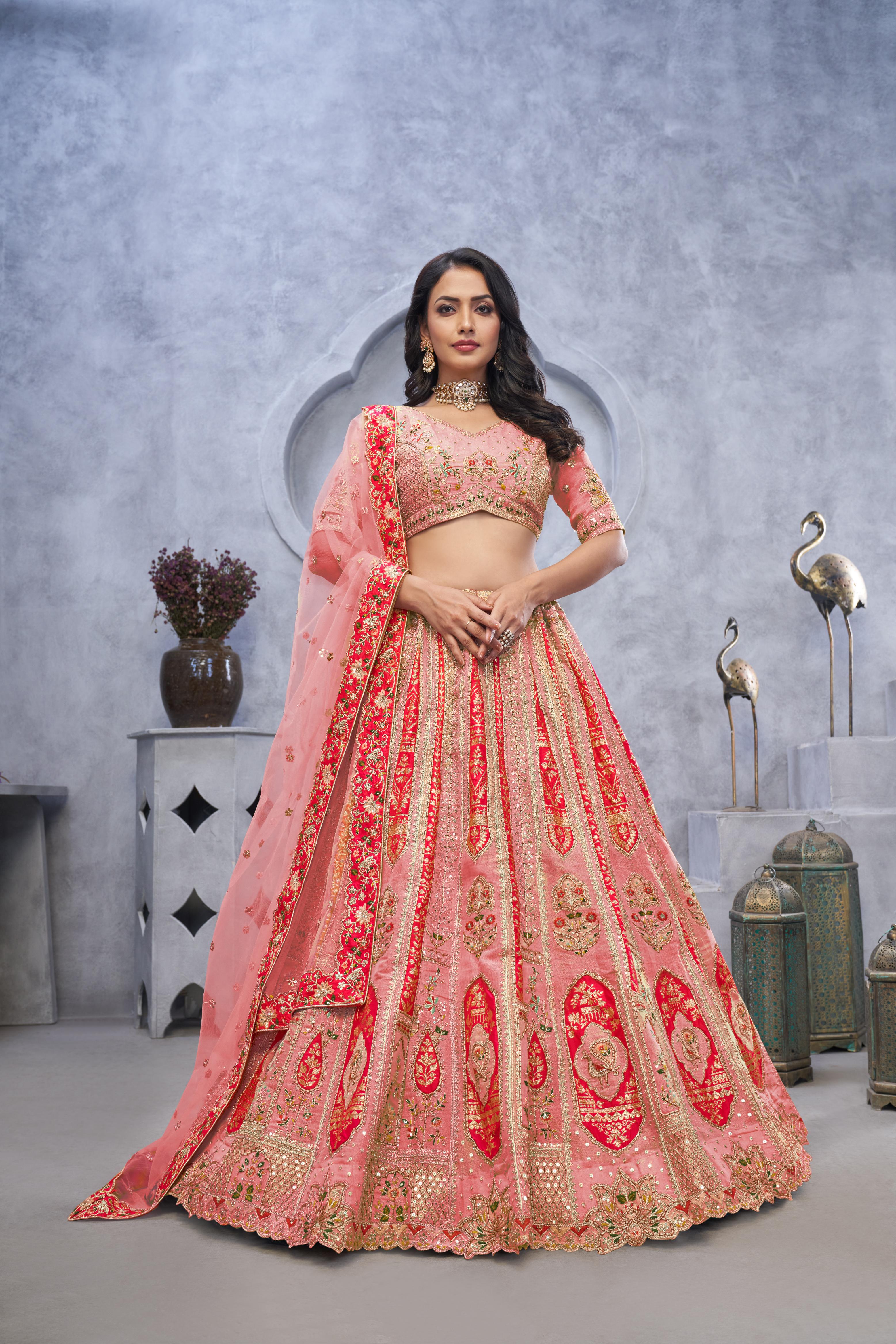 Women Organza Silk Intricate Paisley Motifs Traditional Embroidered Wedding Lehenga Choli With Soft Net Dupatta WomensFashionFun