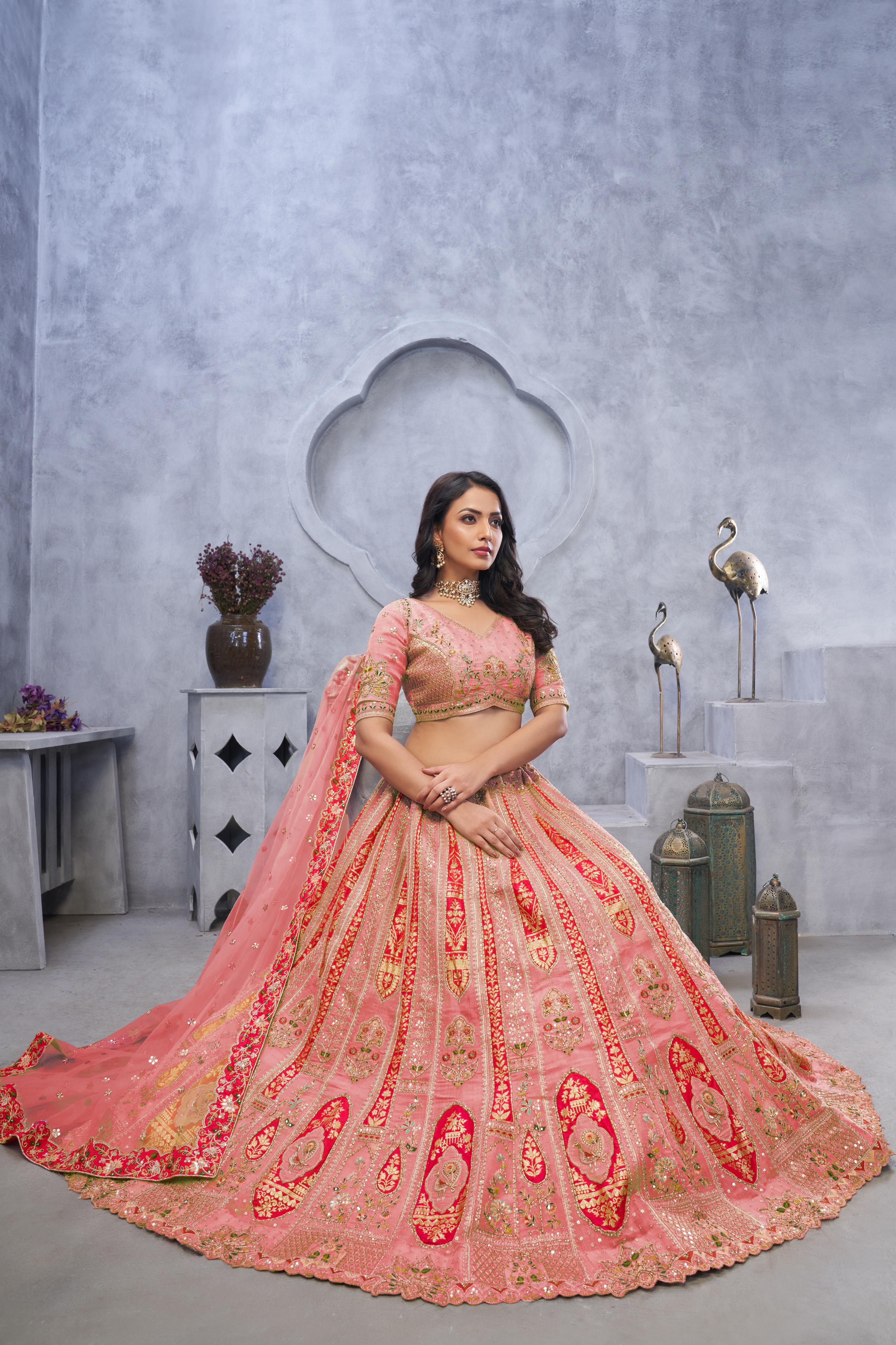 Women Organza Silk Intricate Paisley Motifs Traditional Embroidered Wedding Lehenga Choli With Soft Net Dupatta WomensFashionFun