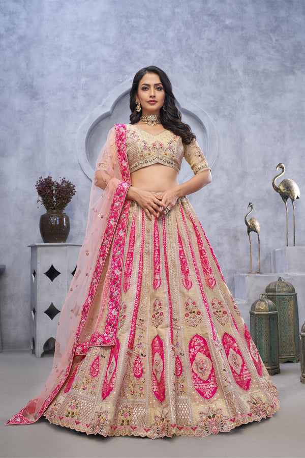 Women Organza Silk Intricate Paisley Motifs Traditional Embroidered Wedding Lehenga Choli With Soft Net Dupatta WomensFashionFun