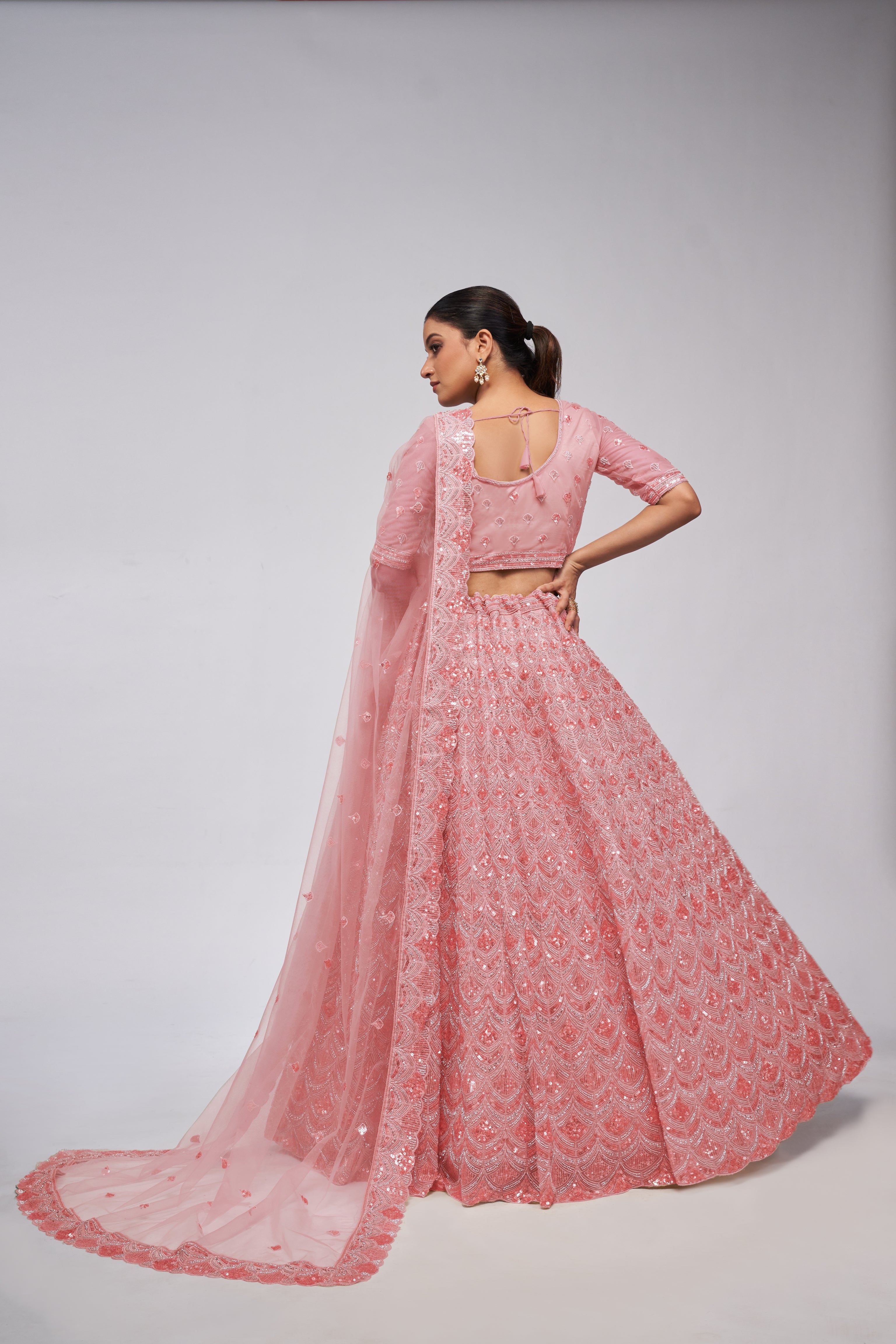 Women Rose Pink Diamond Pattern Embroidered Girlish Lehenga WomensFashionFun