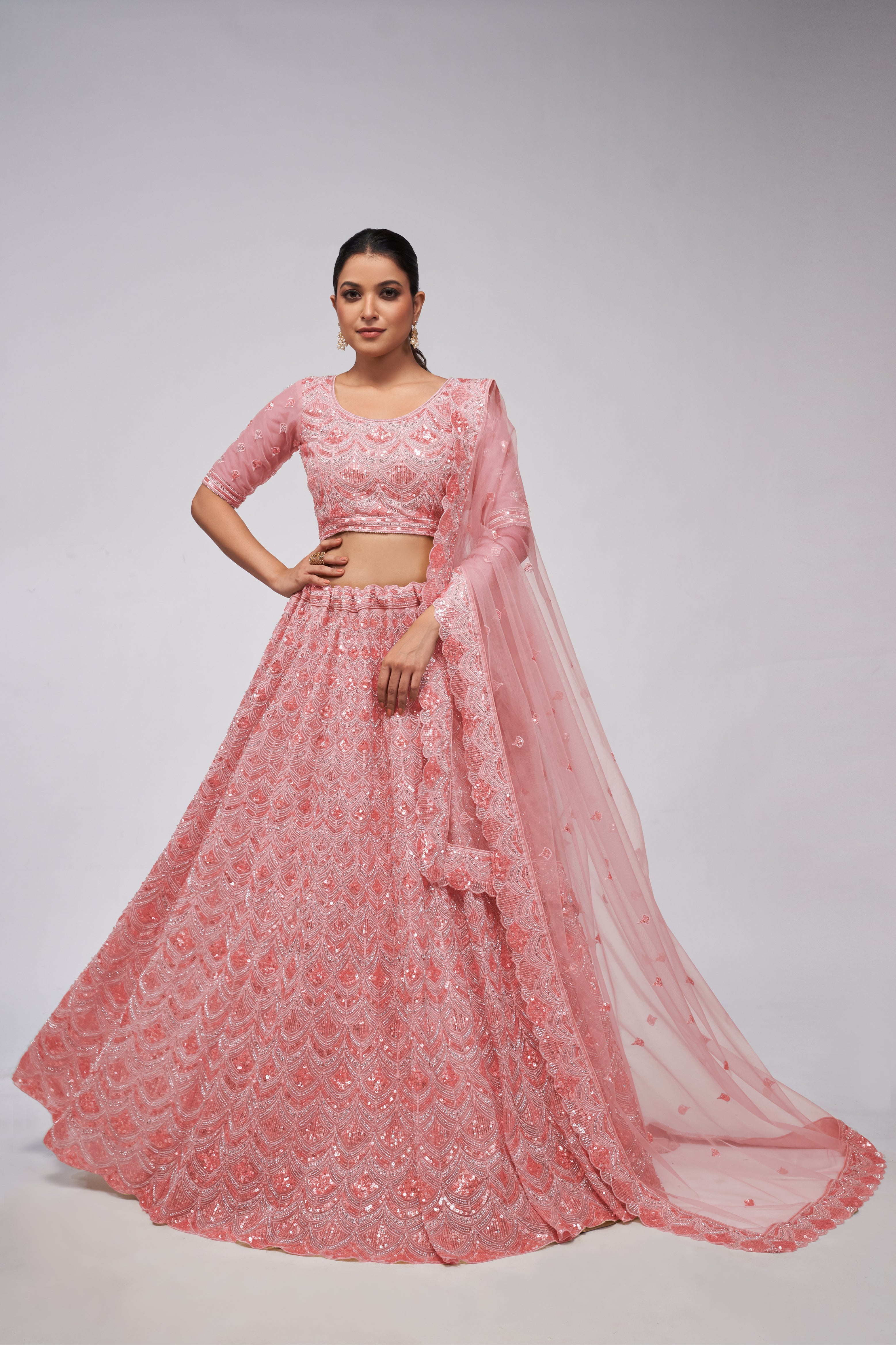 Women Rose Pink Diamond Pattern Embroidered Girlish Lehenga WomensFashionFun