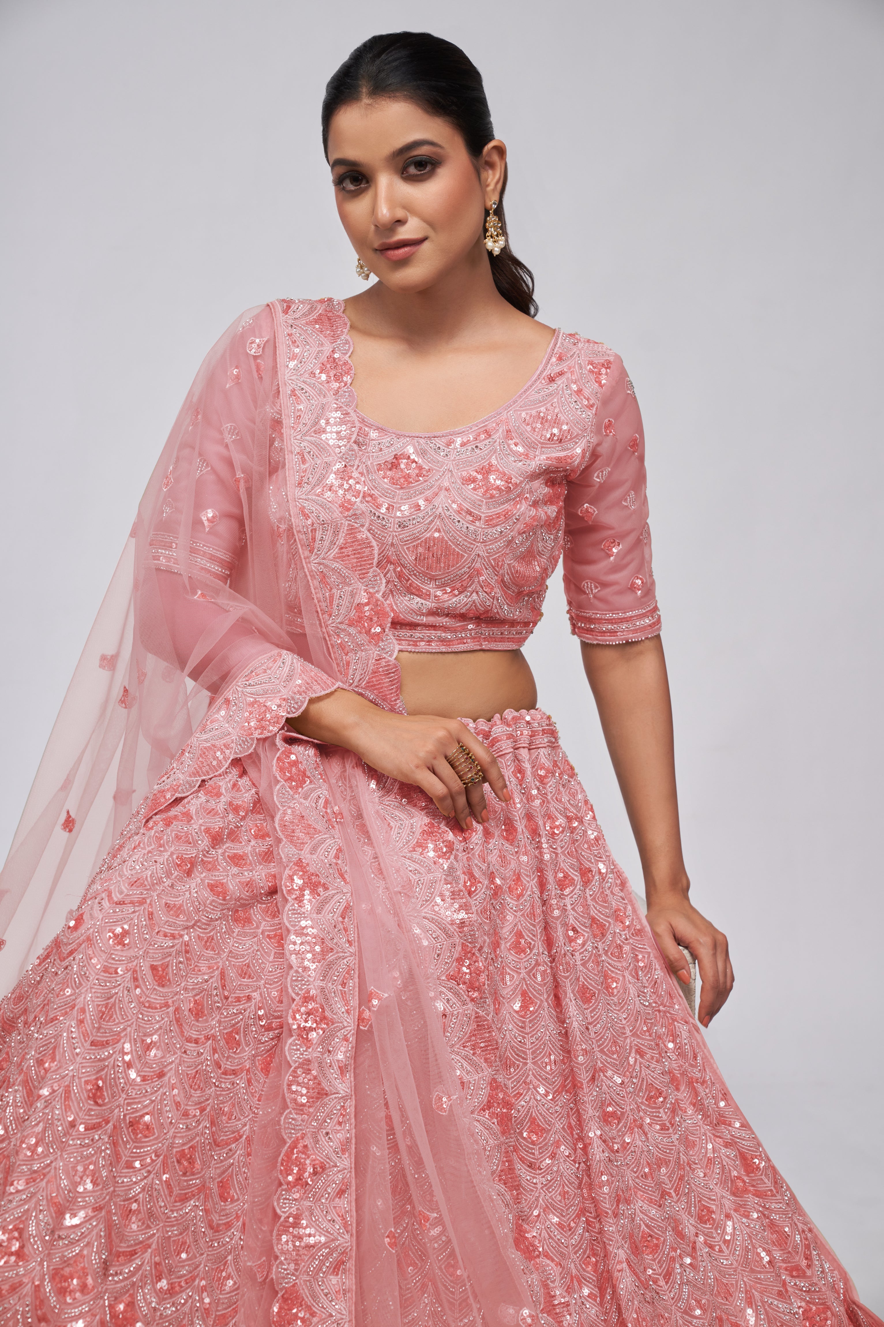 Women Rose Pink Diamond Pattern Embroidered Girlish Lehenga WomensFashionFun