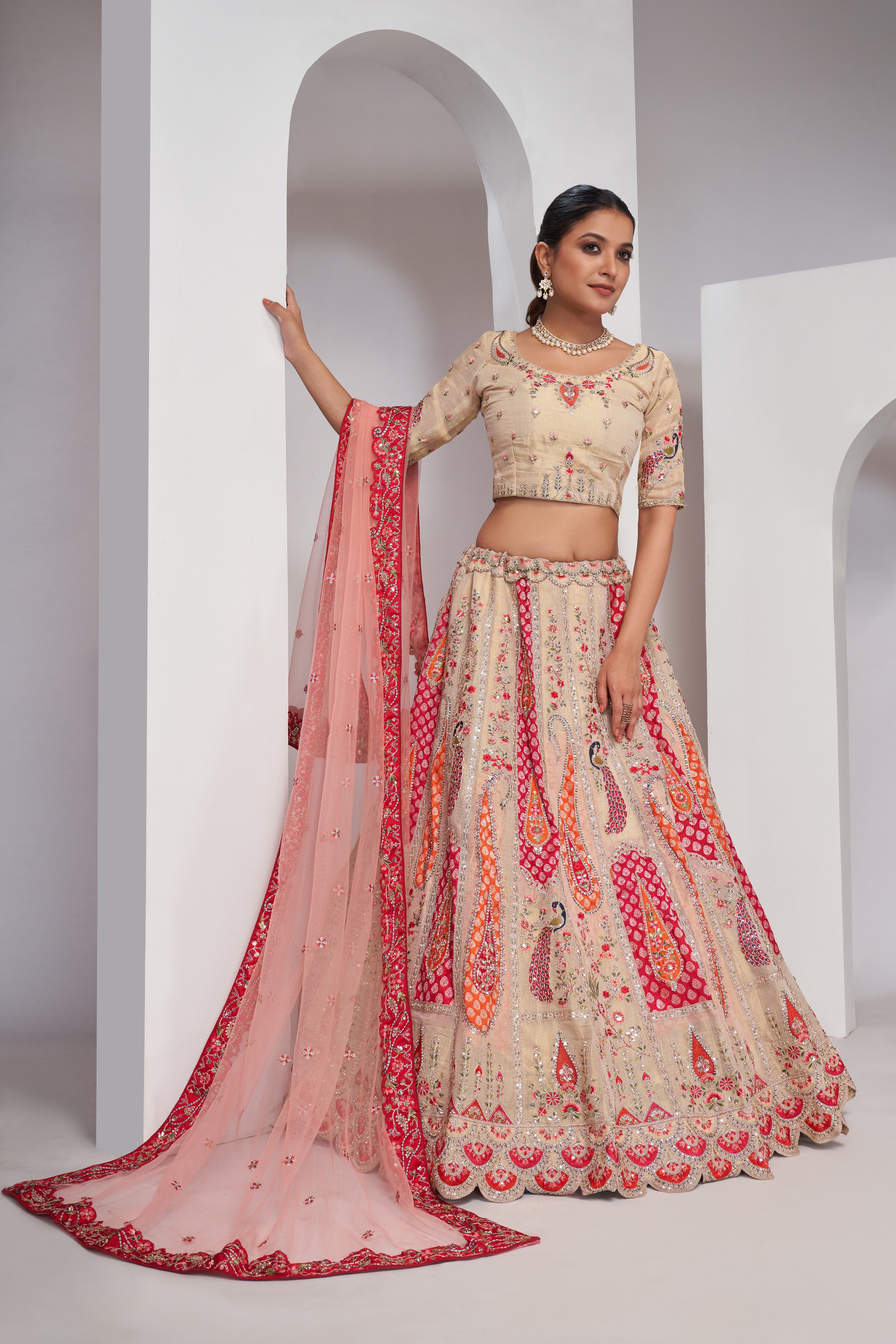 Women Paisley Motifs  Beautiful Peacock Embroidered In Bright Cream Colours  Bridal Lehenga Choli Set WomensFashionFun