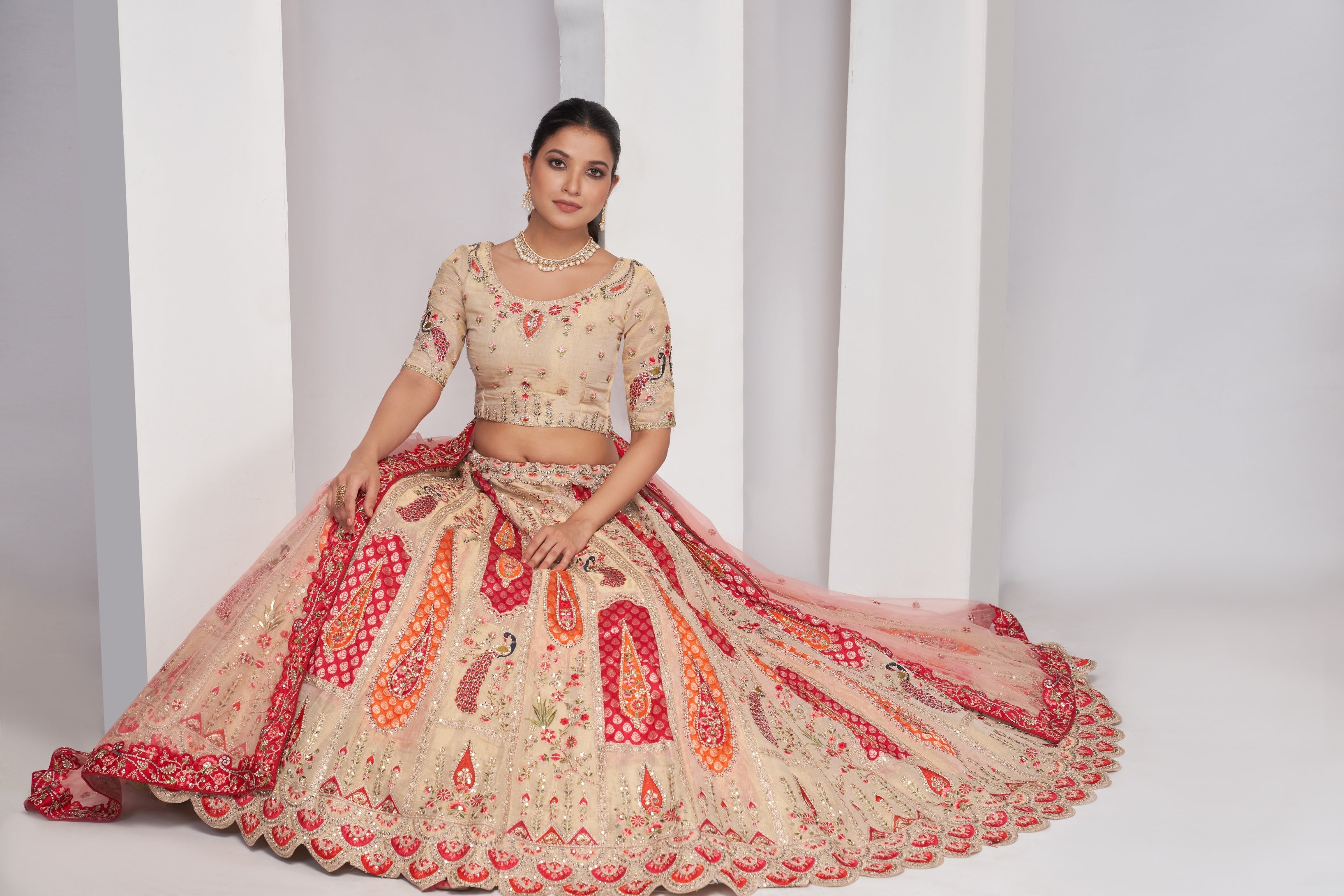 Women Paisley Motifs  Beautiful Peacock Embroidered In Bright Cream Colours  Bridal Lehenga Choli Set WomensFashionFun