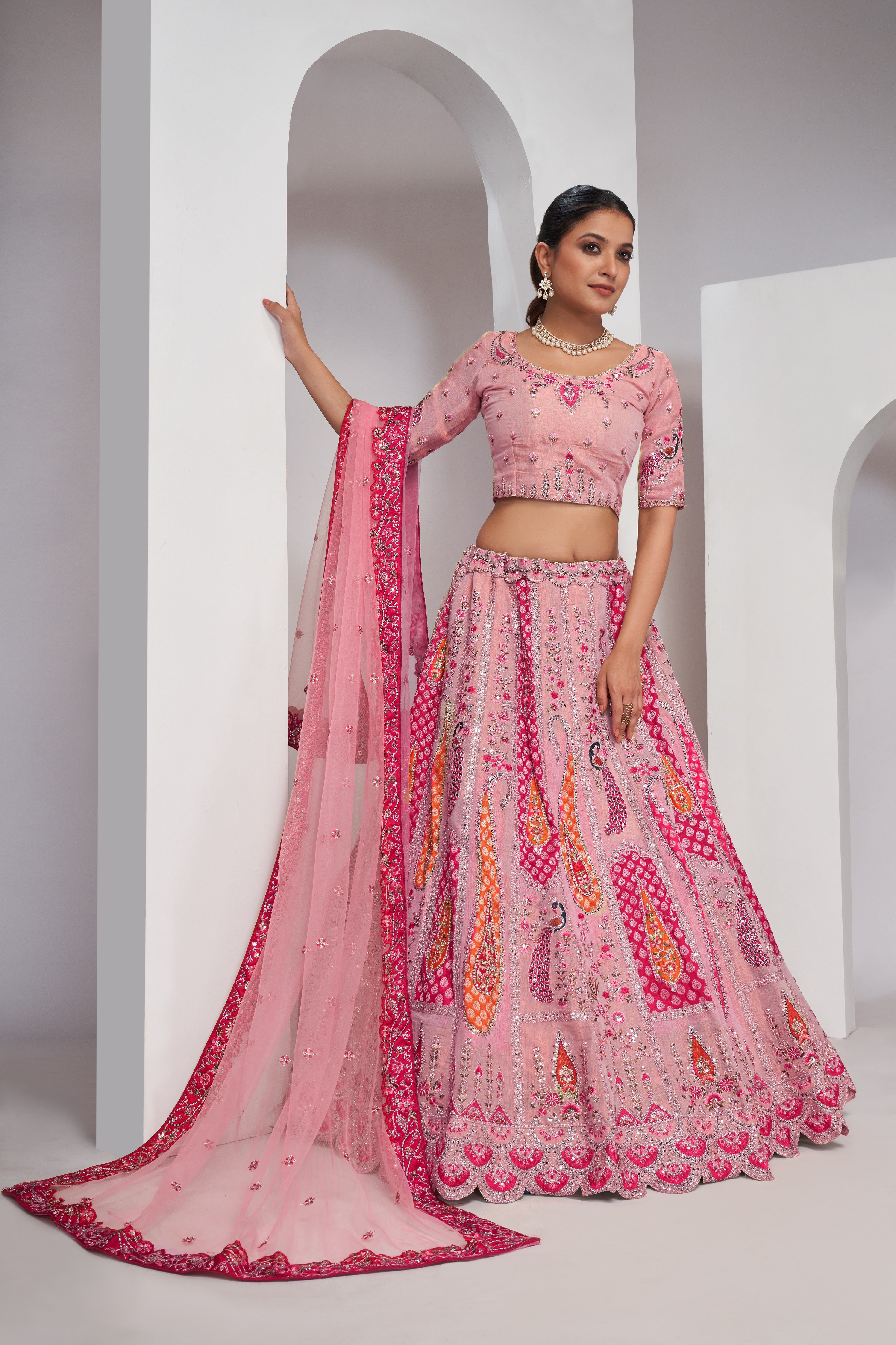 Women Elegant Peacock And Paisley Motifs Rose Pink  Silk Color Traditional Lehenga Choli WomensFashionFun