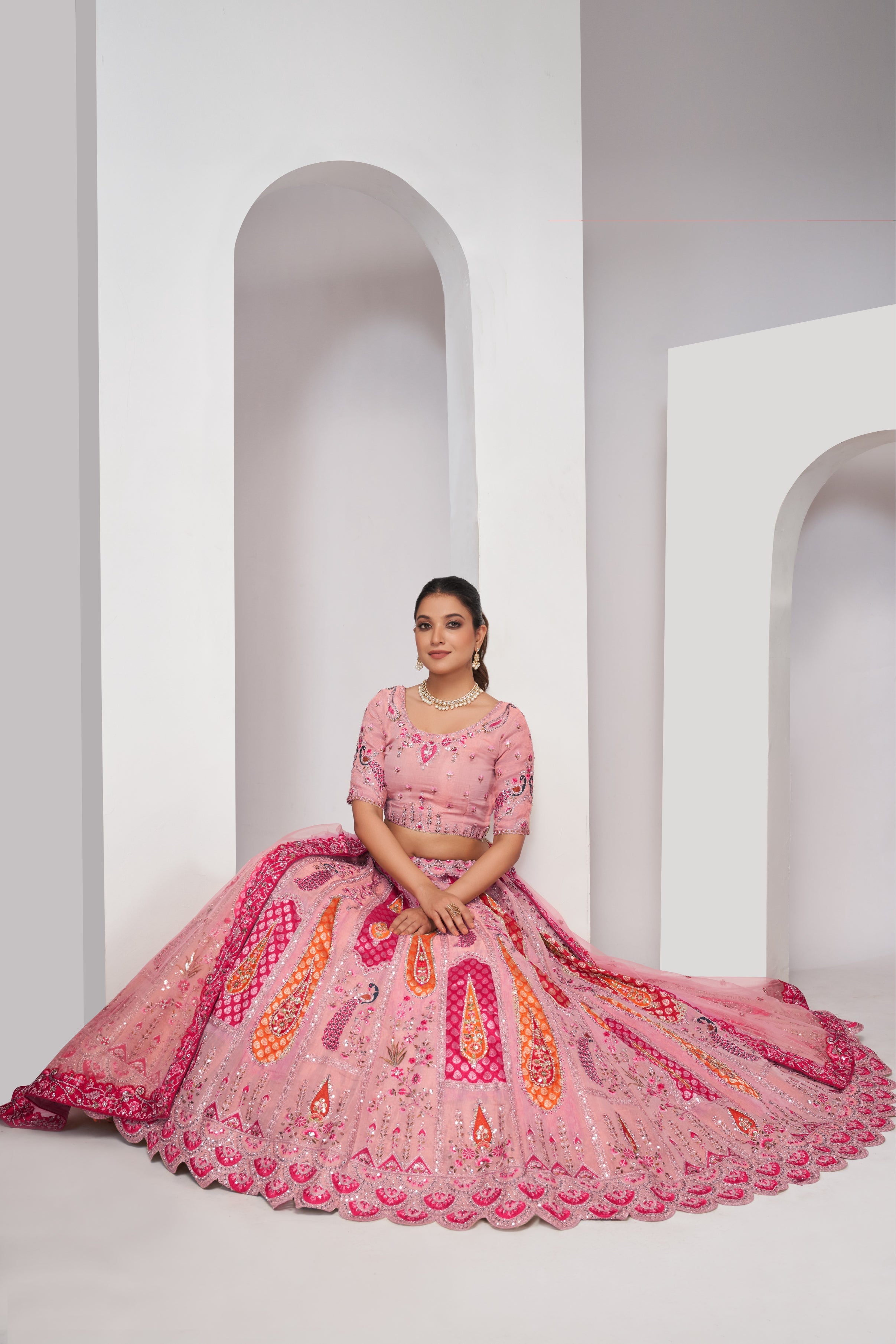 Women Elegant Peacock And Paisley Motifs Rose Pink  Silk Color Traditional Lehenga Choli WomensFashionFun