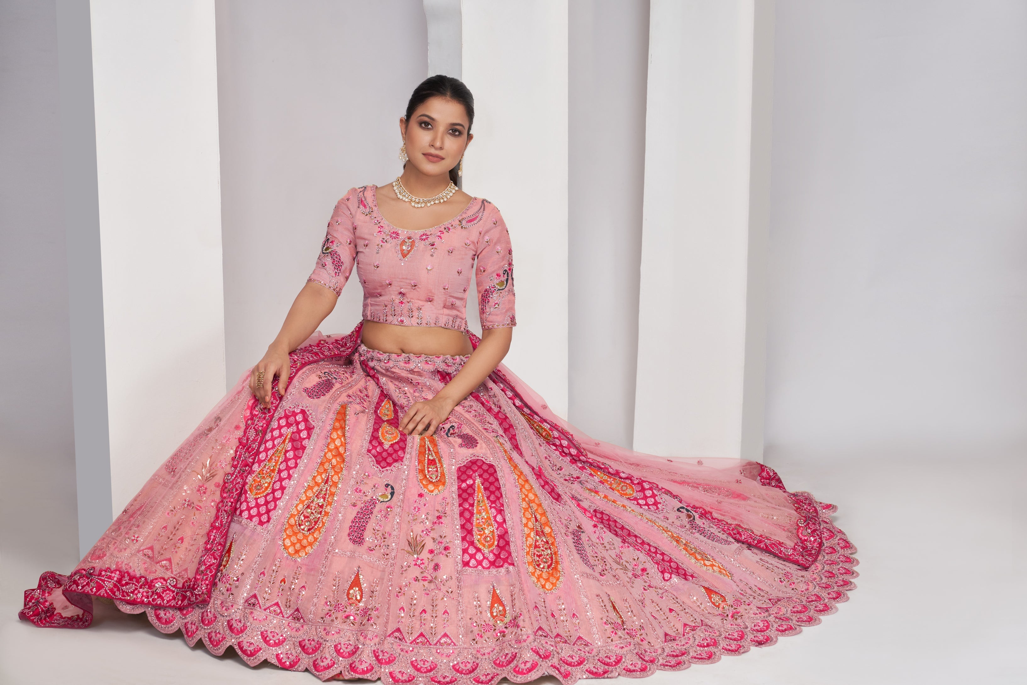 Women Elegant Peacock And Paisley Motifs Rose Pink  Silk Color Traditional Lehenga Choli WomensFashionFun