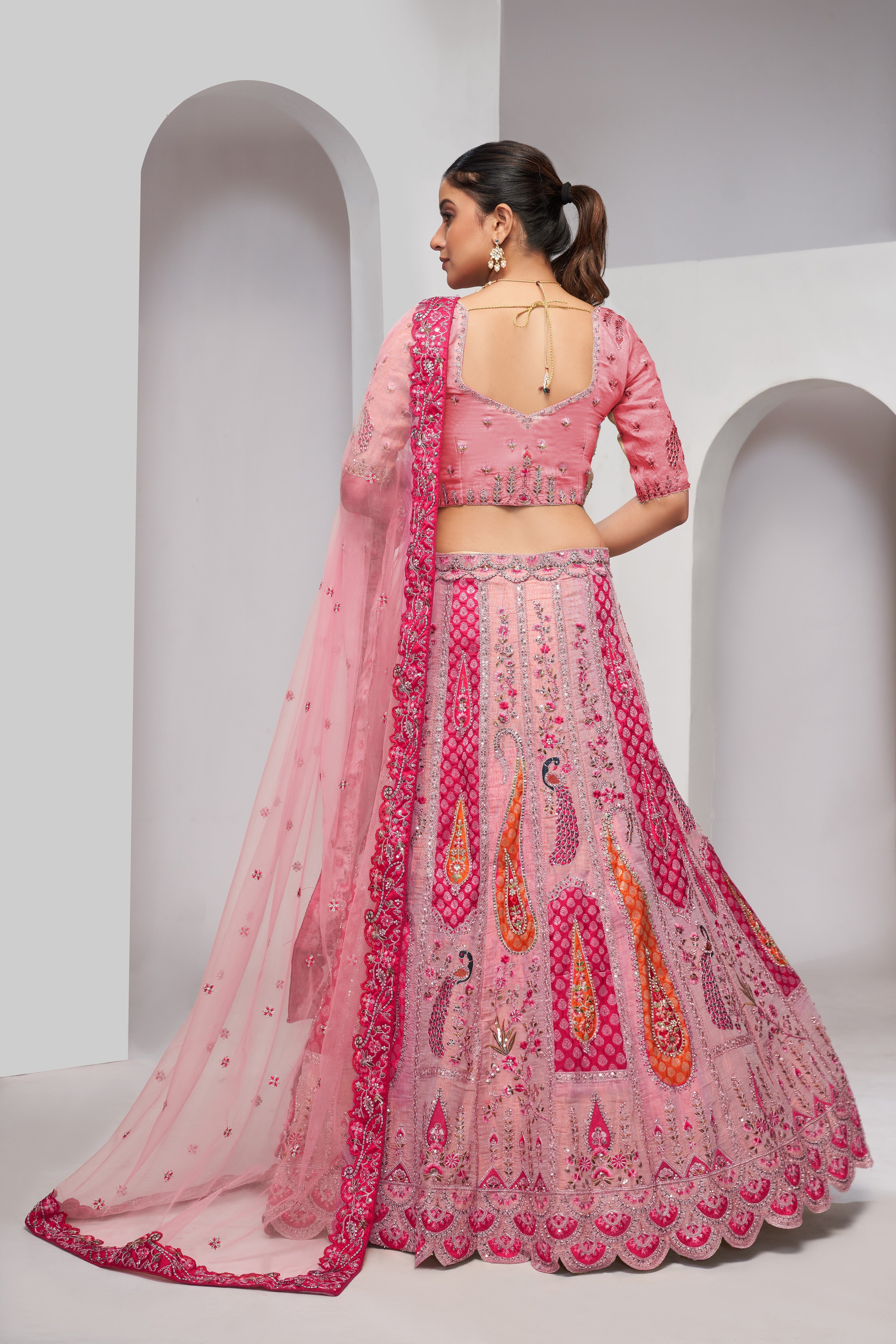 Women Elegant Peacock And Paisley Motifs Rose Pink  Silk Color Traditional Lehenga Choli WomensFashionFun