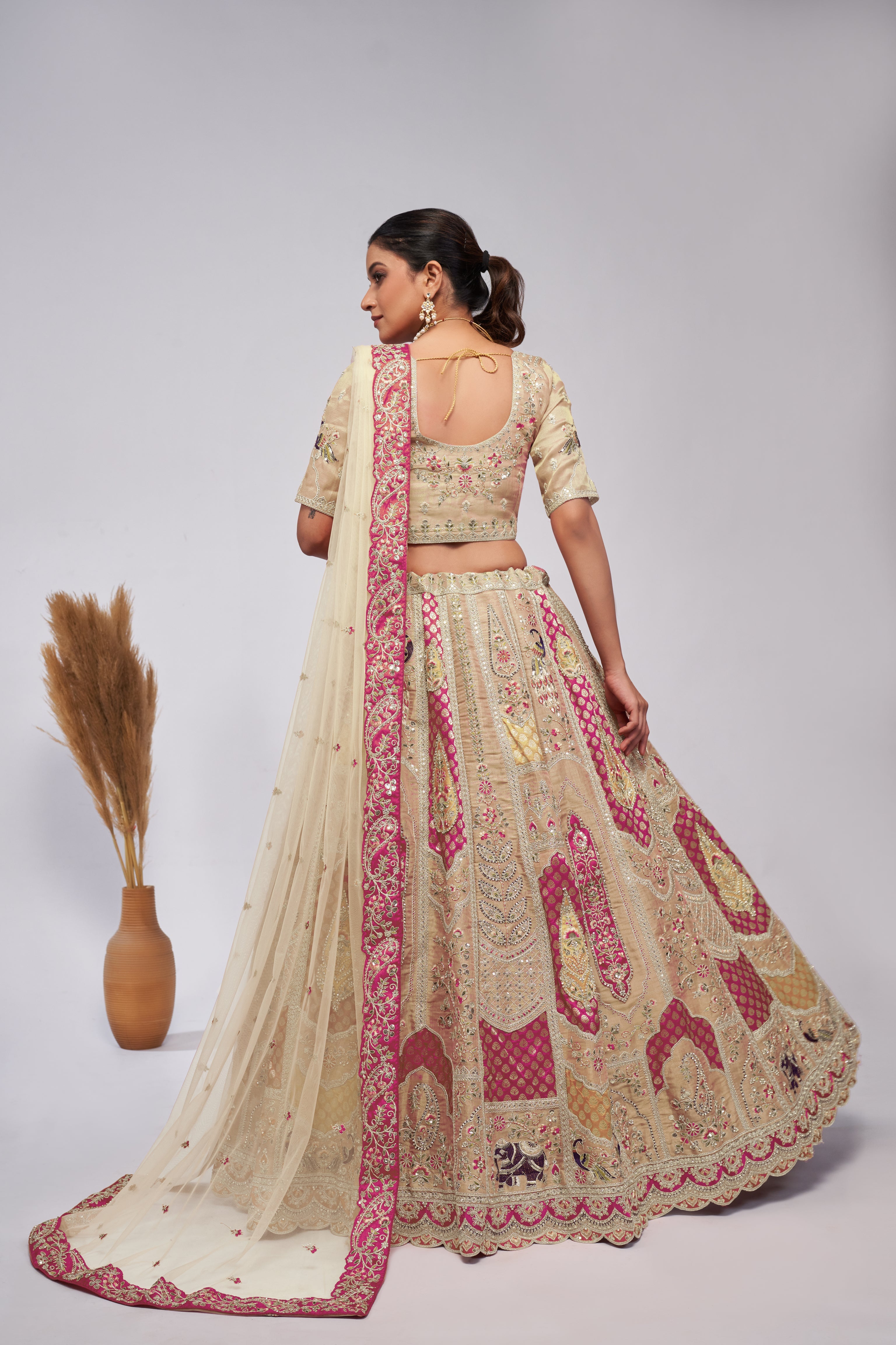 Women Ivory Organza Silk Intricate Paisley Motifs Traditional  Embroidered  Wedding Lehenga. WomensFashionFun