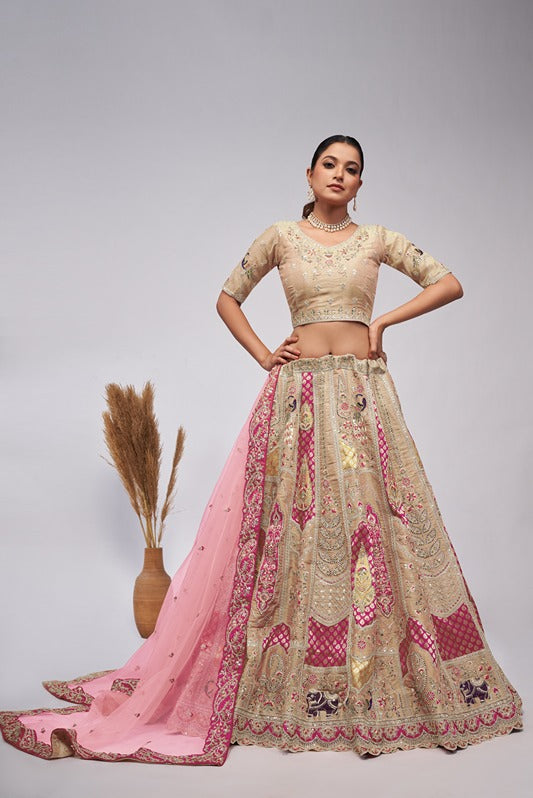 Women Ivory Organza Silk Intricate Paisley Motifs Traditional  Embroidered  Wedding Lehenga. WomensFashionFun