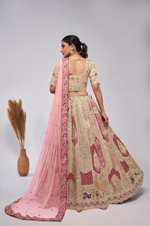 Women Ivory Organza Silk Intricate Paisley Motifs Traditional  Embroidered  Wedding Lehenga. WomensFashionFun