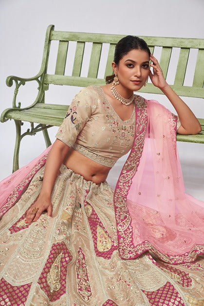 Women Ivory Organza Silk Intricate Paisley Motifs Traditional  Embroidered  Wedding Lehenga. WomensFashionFun