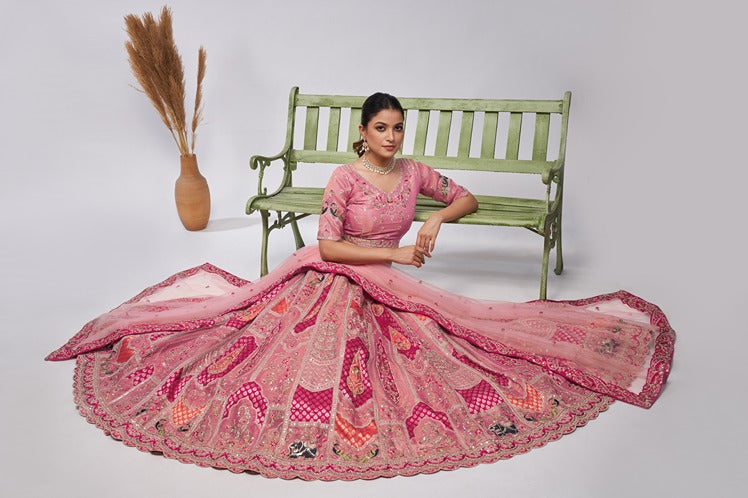 Women Pretty Pink Silk Intricate Paisley Motifs Traditional Embroidered  Wedding Lehenga. WomensFashionFun